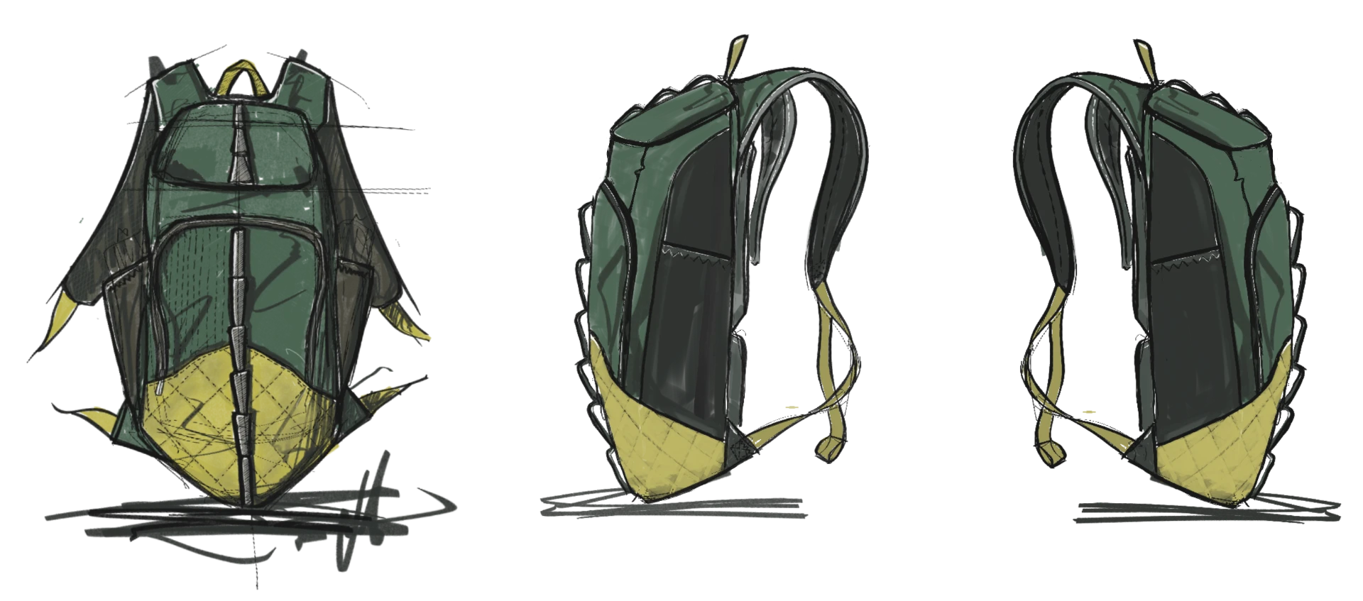 Front view of a technical backpack sketch